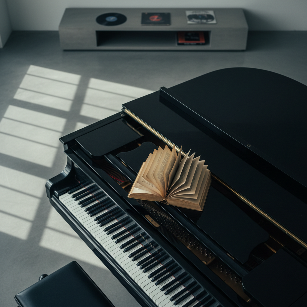 A sleek, dark grand piano viewed from above, its glossy lid partially raised, reflecting the faint outline of an open book resting on the polished wood. The book’s pages are slightly fanned, edges softly yellowed, suggesting repeated readings. Around the piano, the room is sparsely furnished, with smooth concrete flooring and a single low shelf holding a few indistinct records and books, all blurred. Cool morning light enters from the left through a tall unseen window, forming long, soft-edged rectangles on the floor and keys. The composition uses the rule of thirds, with strong diagonals from the piano’s shape. Photographic realism, a subdued color palette, and quiet, refined mood emphasize the harmony between literature and music.