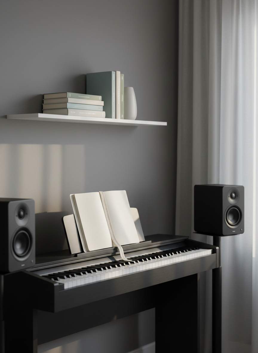 An elegant, minimal home studio corner: a slim digital piano against a muted gray wall, with a narrow floating shelf above holding a small stack of closed, differently sized books and a single ceramic vase. On the piano’s music stand rests a notebook opened to blank, off-white pages, a soft fabric bookmark draped across the center. A pair of minimalist studio monitors frame the scene, slightly out of focus. Late afternoon light filters through sheer curtains, spilling a quiet, silvery glow that kisses the keys and pages, leaving gentle shadows behind. Photographic realism, an eye-level composition, and balanced negative space create a serene, sophisticated atmosphere ideal for presenting both novels and musical works.