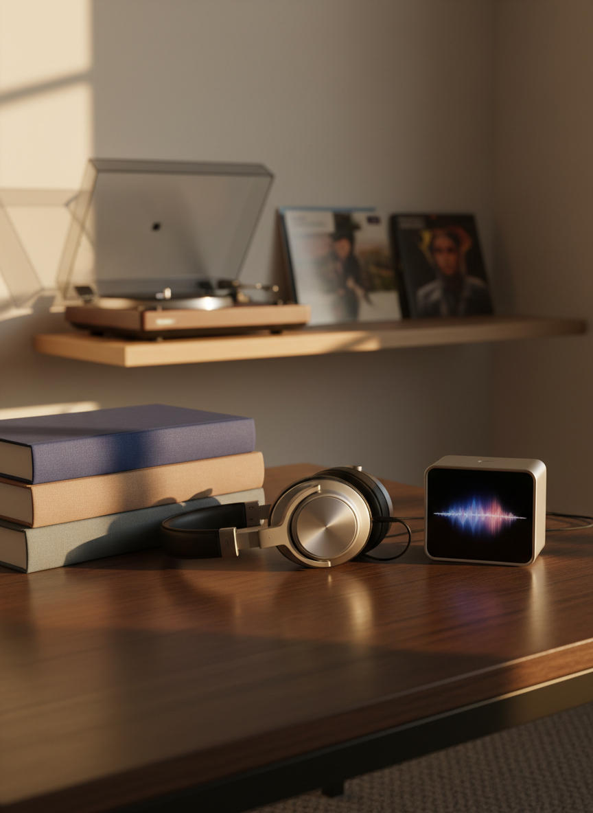 A stack of three carefully chosen books with plain, textured covers in deep indigo, warm taupe, and soft charcoal stands beside a pair of high-fidelity headphones on a low, dark-stained coffee table. Next to them, a compact, minimalist playback device displays an abstract, softly glowing waveform without readable text. Behind, a blurred turntable and a few vinyl sleeves rest on a simple shelf, forming a subtle backdrop. Evening golden-hour light filters in from a side window, casting long, warm reflections across the tabletop and metal headphone bands. The photographic image is shot at a slightly low angle, using shallow depth of field to create an intimate, calm mood, combining literary and musical sophistication for an official site front page.
