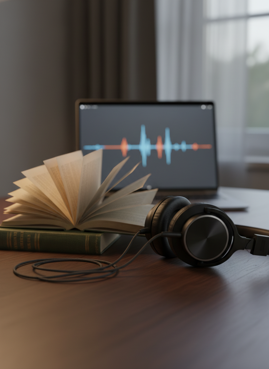 A beautifully worn hardcover novel lies open beside a pair of over-ear studio headphones on a dark wooden desk, their matte black surface and brushed metal accents catching faint reflections. The book’s creamy pages bow slightly, revealing fine typeset lines without readable words. In the background, an elegant laptop screen glows softly with an abstract waveform and blurred interface, out of focus. Gentle evening light from an unseen window mingles with a warm desk lamp, creating a calm chiaroscuro with long, quiet shadows. Shot at eye level with a shallow depth of field, focusing on the meeting point of pages and headphones. The photographic realism and minimalist composition evoke a sophisticated, contemplative atmosphere suited to a site about novels and music.