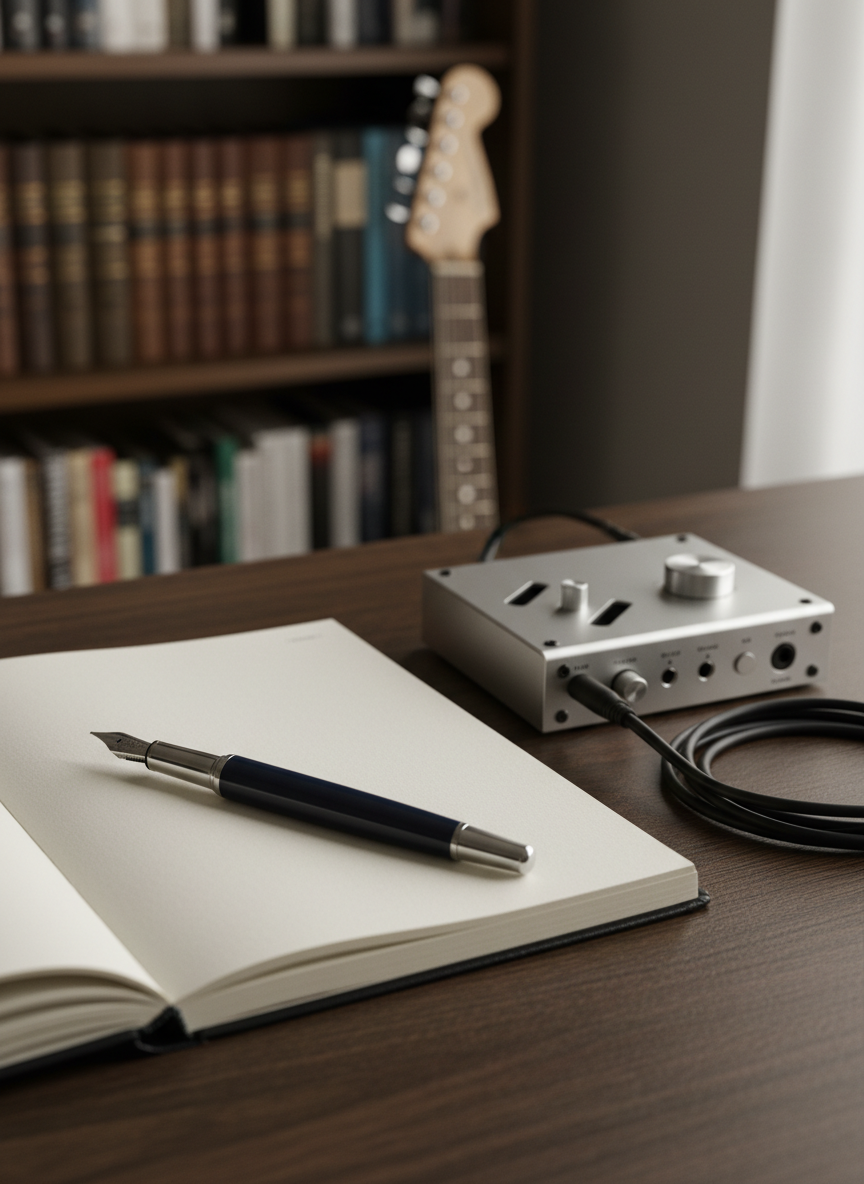 A close-up of a vintage-style fountain pen resting diagonally across a blank cream notebook, set next to a compact audio interface and coiled instrument cable on a walnut desk. The pen’s deep navy barrel and silver nib gleam subtly; the audio interface’s smooth metal surface shows minimal, abstract controls without legible labels. In the softly blurred background, a guitar neck leans against a bookshelf lined with indistinct novels. Soft, diffused afternoon light from the right creates gentle highlights and velvety shadows, emphasizing textures of paper, metal, and wood. Shot from a slightly elevated angle with shallow depth of field, the photographic image feels intimate and poised, suggesting the first moment before writing a story or composing a piece of music.